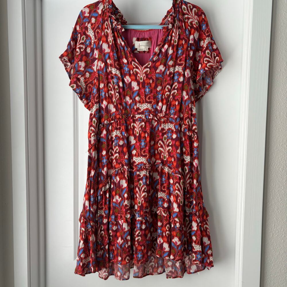 Anthropologie Robin Tiered Mini Dress Floral Leopard Print Size L VGUC Boho - Picture 2 of 6